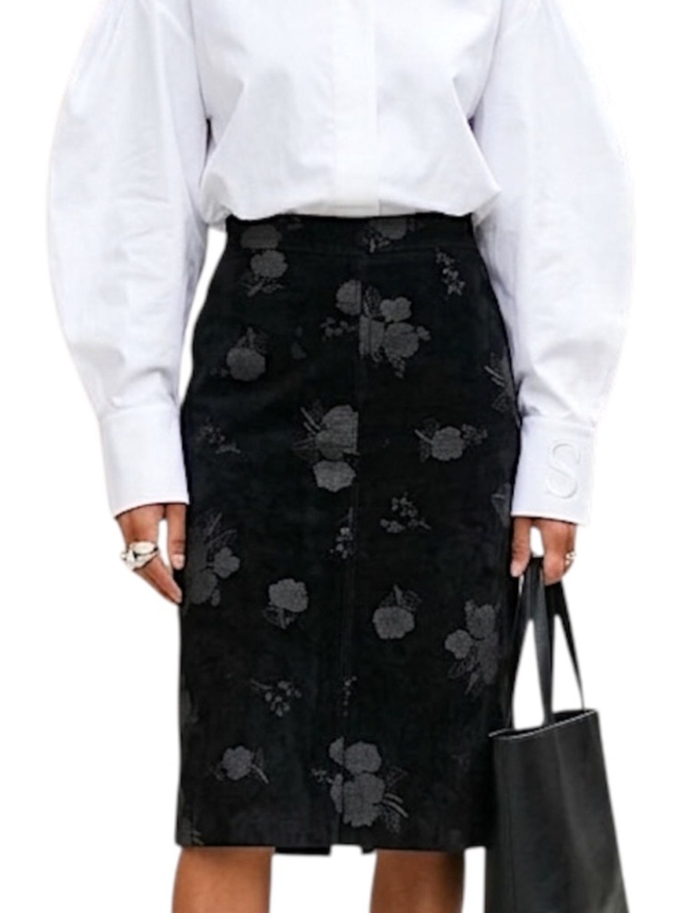 Vtg 90s Canadian made old money quiet luxury black floral suede pencil skirt 10